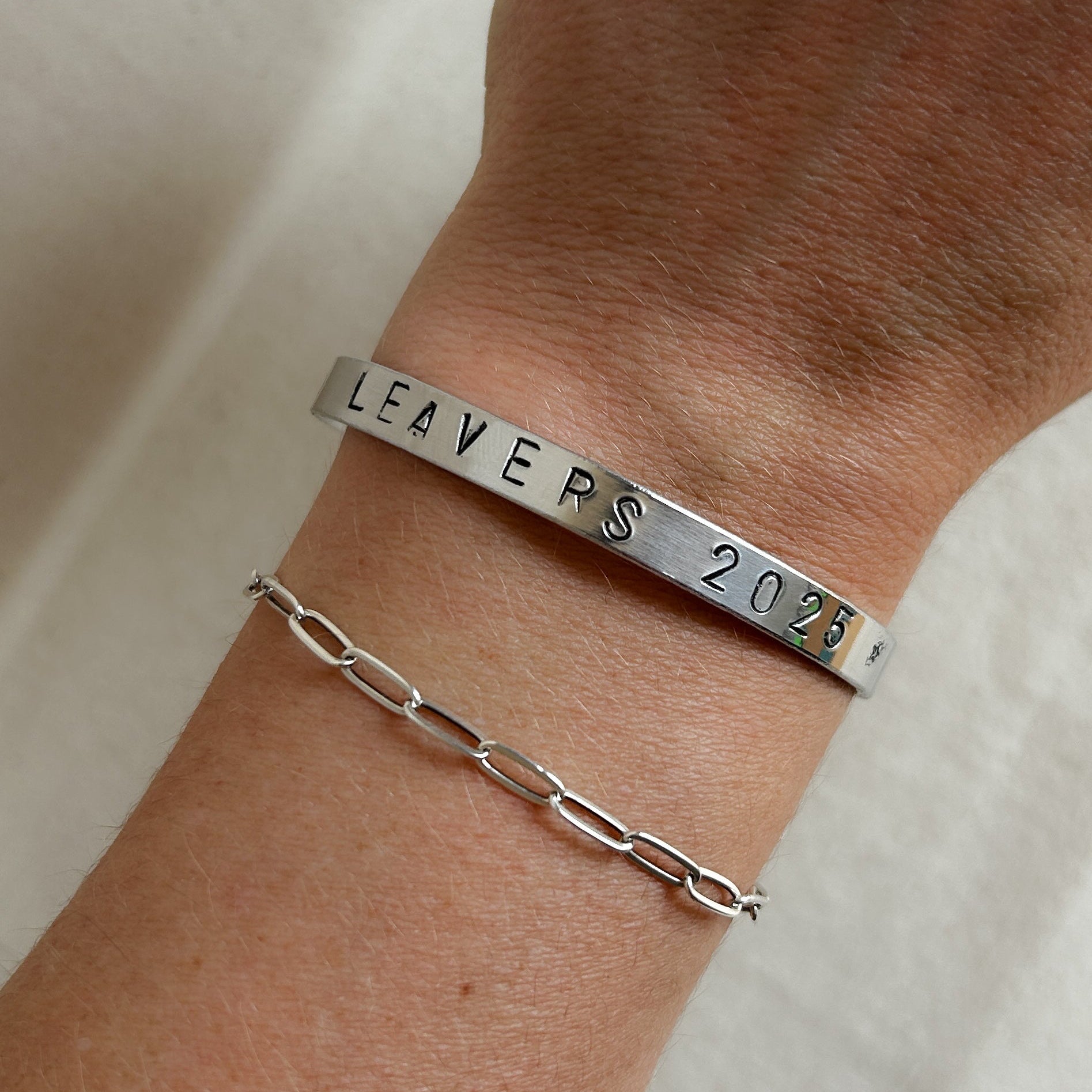 Leavers 2025 stamped on silver bracelet