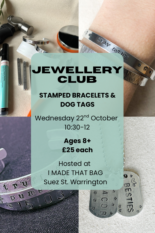 Advertisement for a jewellery club event with text and images of stamped bracelets and dog tags.