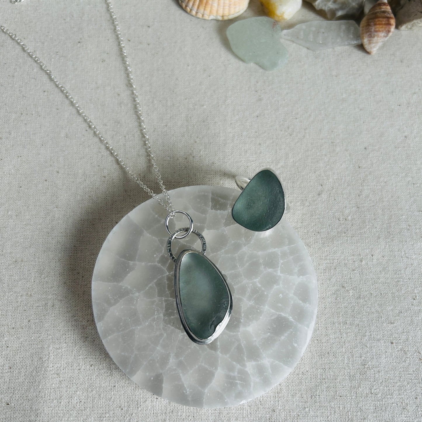 Light green seaglass pendant and ring