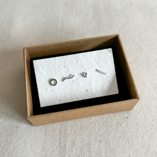 Silver stud earring set with four earrings in gift box