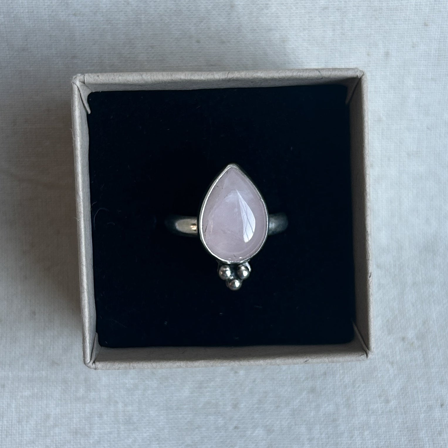 Teardrop rose quartz ring in gift box