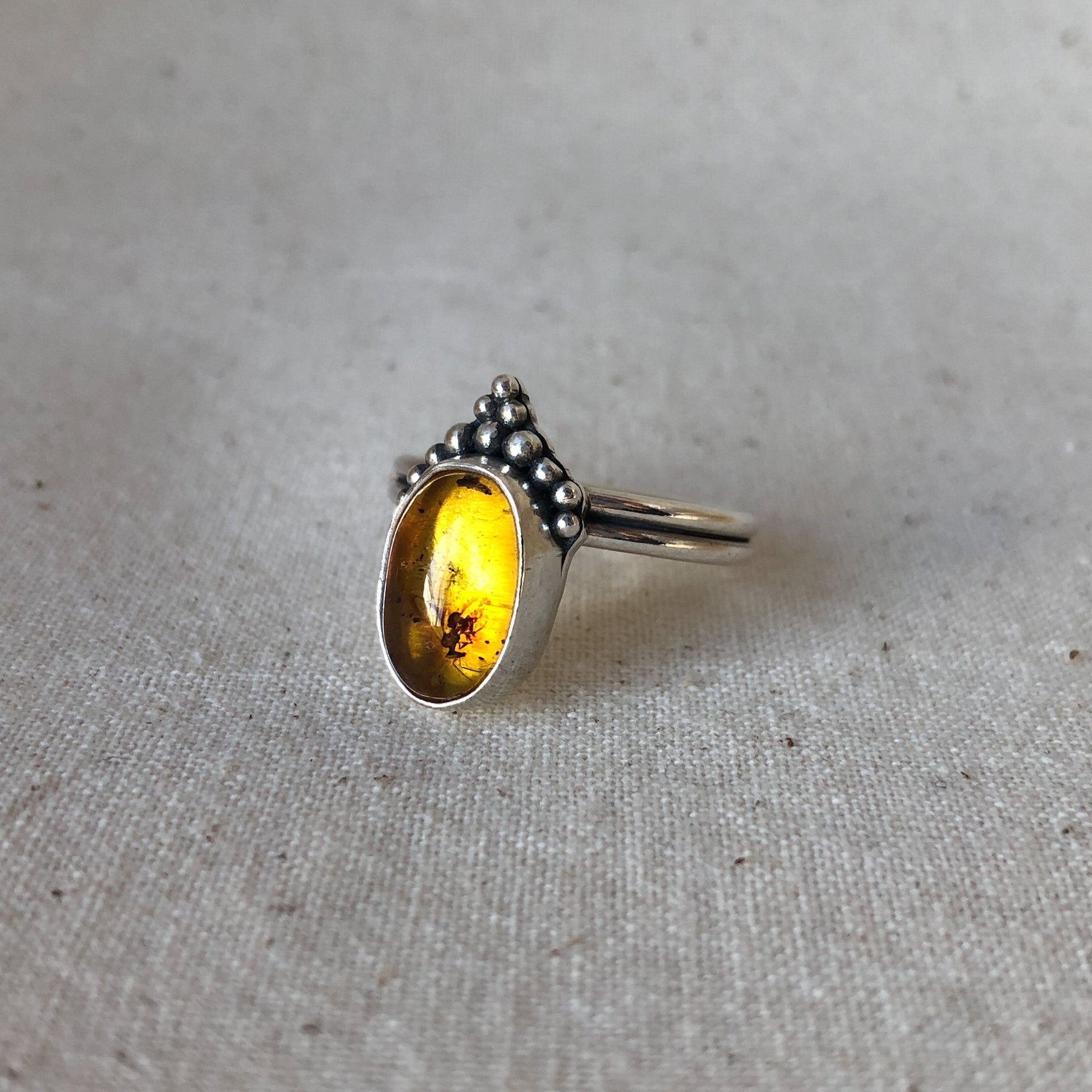 Fossilised amber ring on grey background