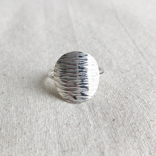 Shimmer sterling silver disc ring on grey background