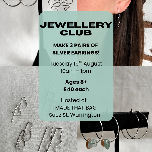 Advertisement for a jewellery club event with silver earrings and a woman wearing an earring.