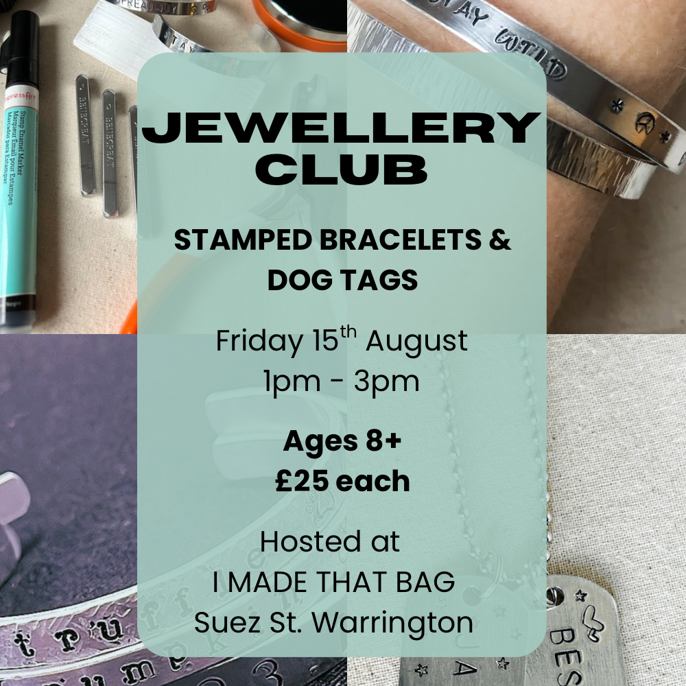 Advertisement for a jewellery club event with text and images of bracelets and dog tags.
