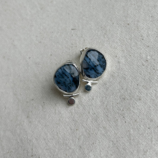 Blue and black Opal earrings set in silver 
